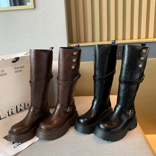 Women's Retro Platform Long Thick Leg Widened Tall Women's Leather Boots