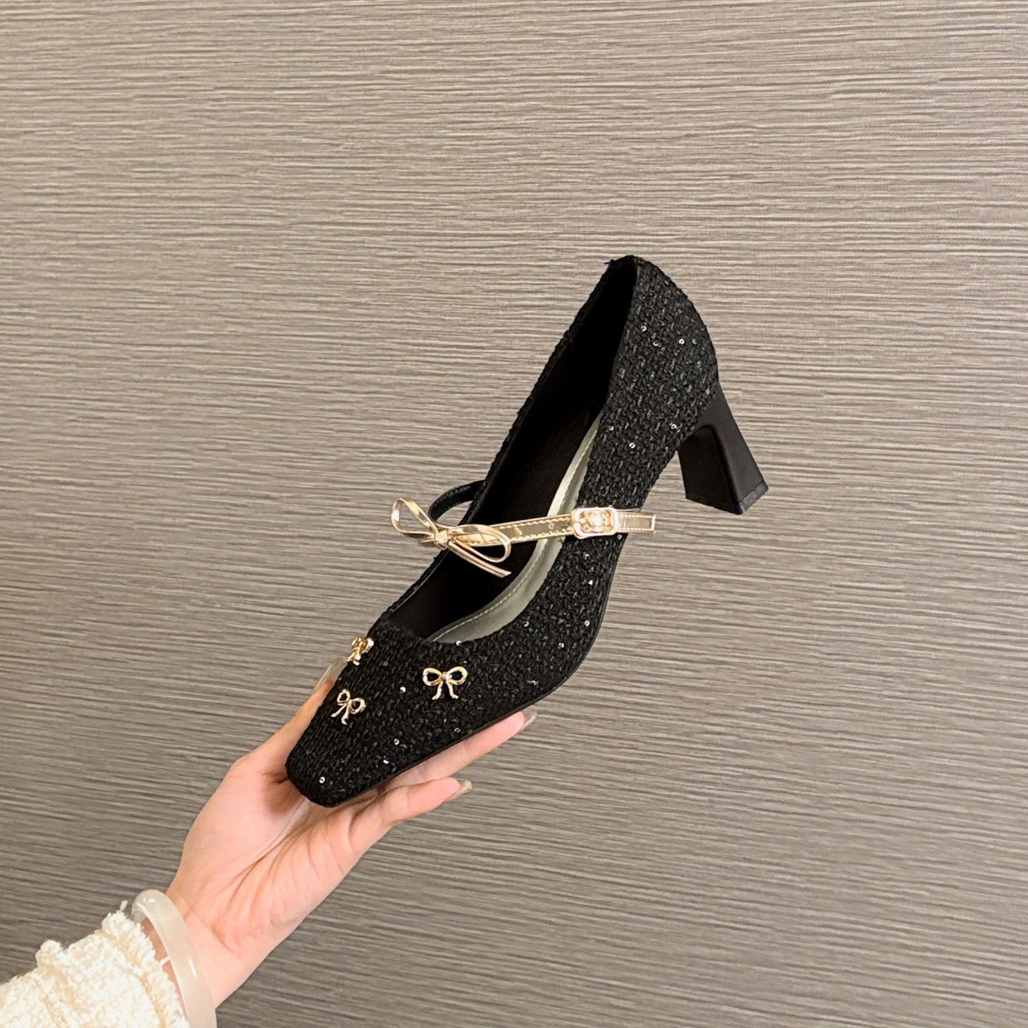Women's Chunky Square Toe Mary Jane French Style Bow Woven Surface Women's Fashion Shoes