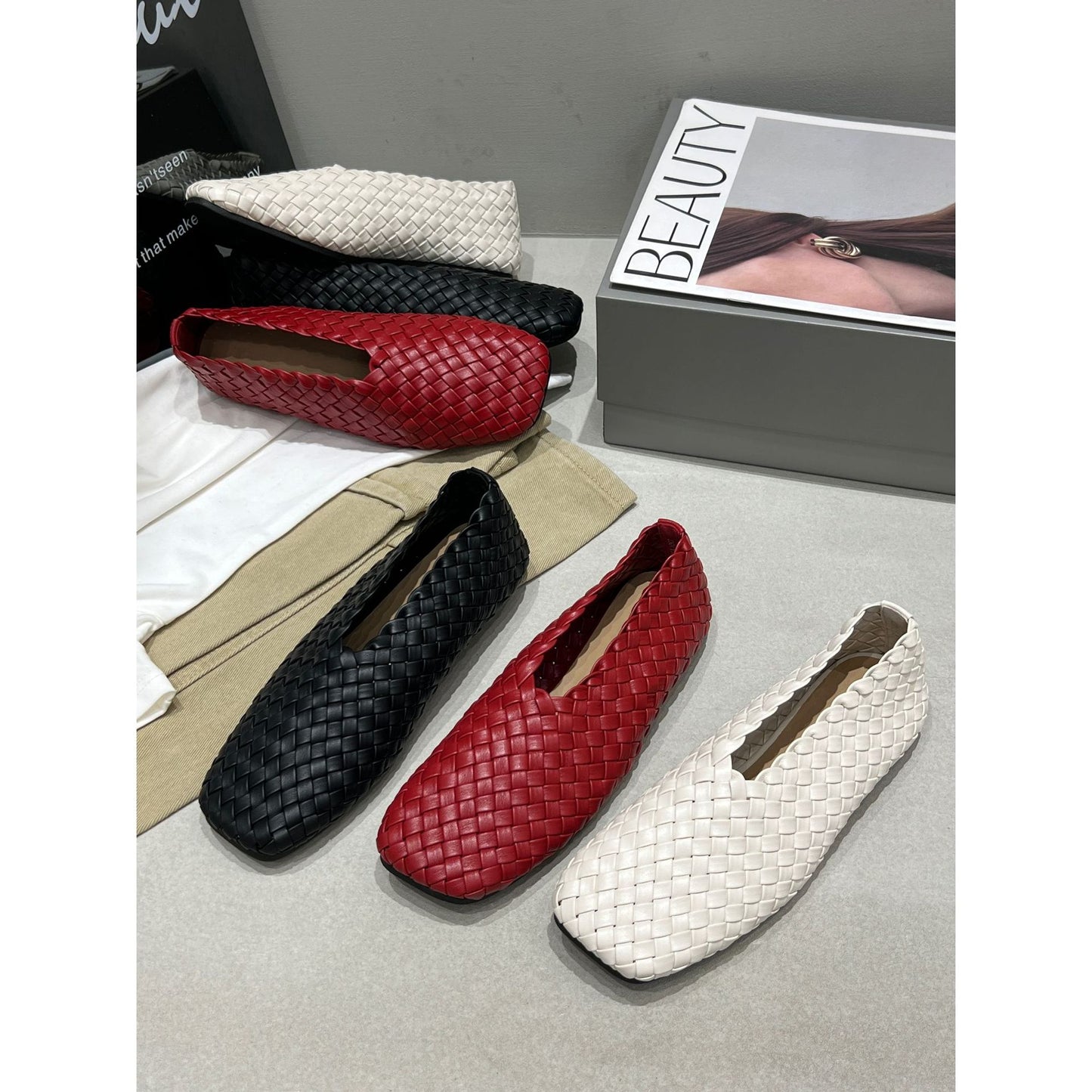 Women's Spring Woven French Retro Outer Wear Square Toe Korean Style Women's Casual Shoes