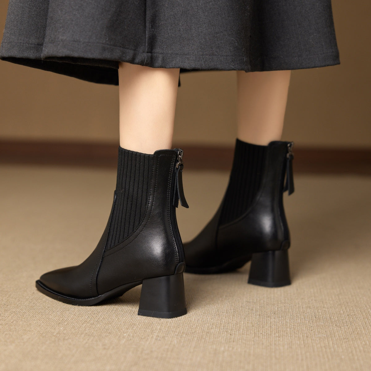 Women's Retro Chunky Short Martin Authentic Square Toe High Women's Leather Boots