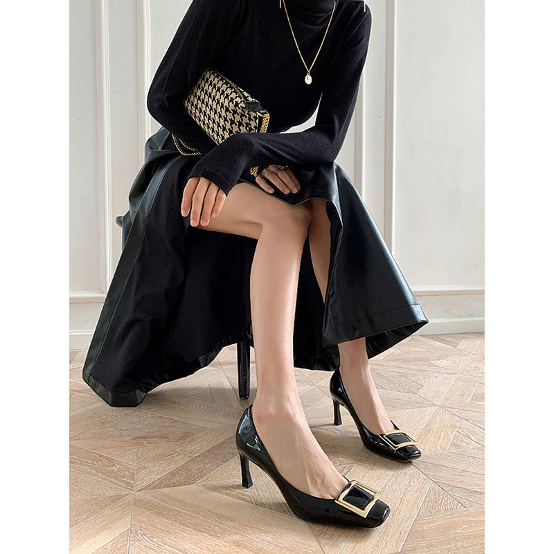 Women's Buckle Chunky Elegant Head Elephant Gray High-grade Patent High Professional Women's Fashion Shoes
