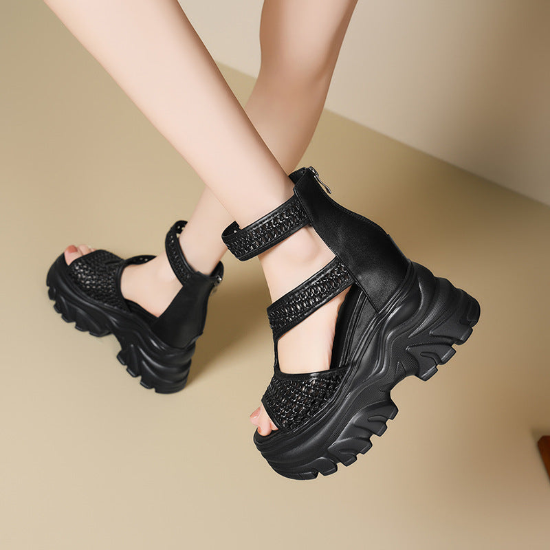 Women's Increasing Insole Summer Thick-soled Peep Toe Woven Fashion Wedge Thick-soles Slippers