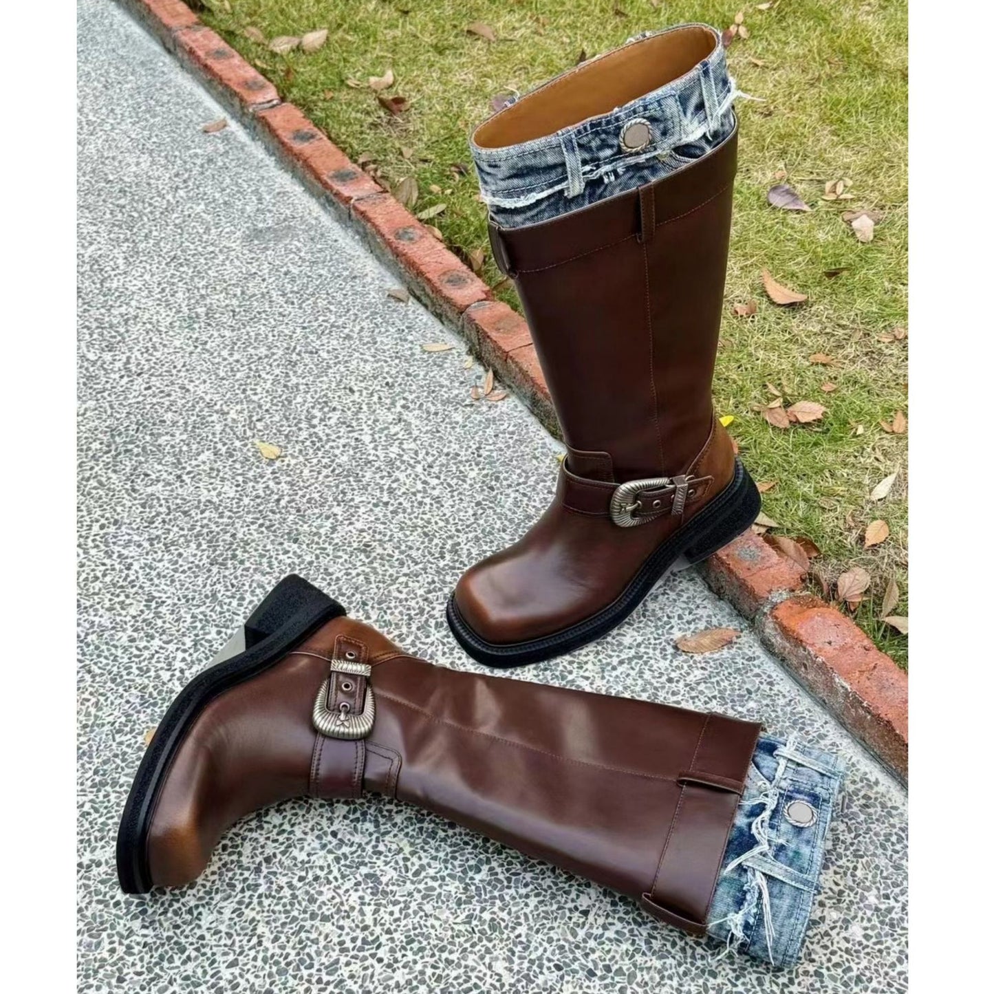 Women's Motorcycle Denim Metal Buckle Genuine Knee-high Boots