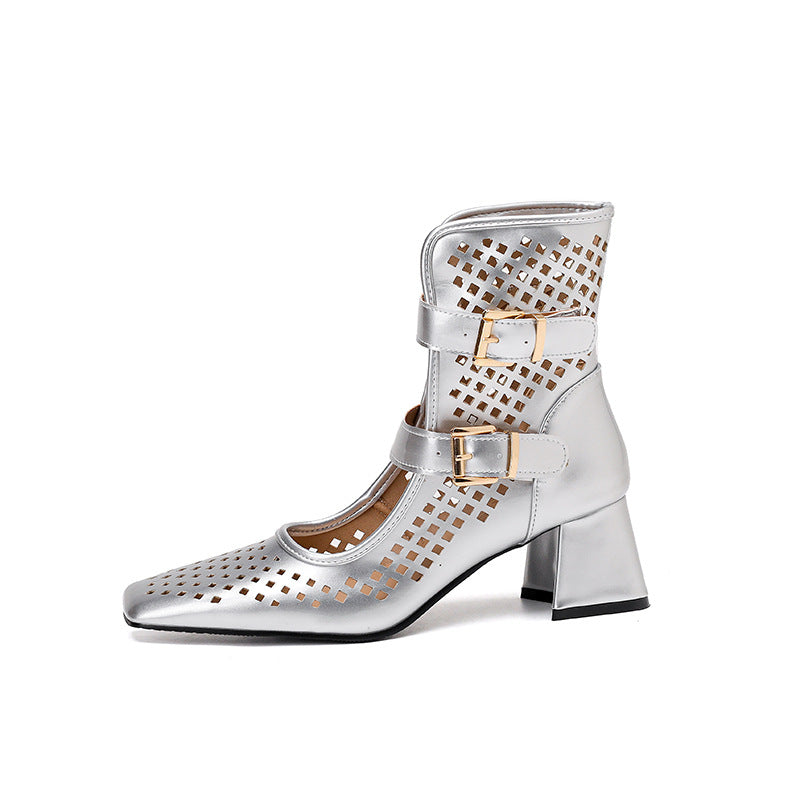 Women's Summer Retro Golden Square Head Chunky High Heeled Sandals