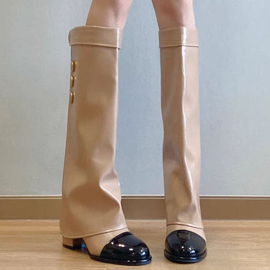 Women's Toe Knight Chunky High Leg Genuine Below The Knee Long Women's Leather Boots