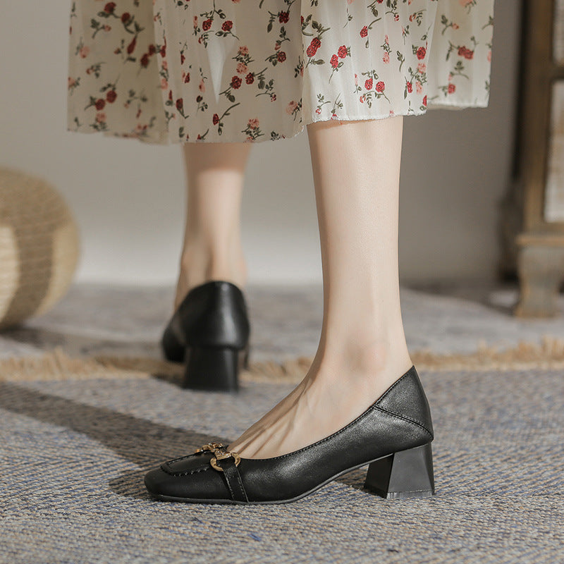 Pumps Autumn Square Toe Vintage Genuine Two Women's Shoes