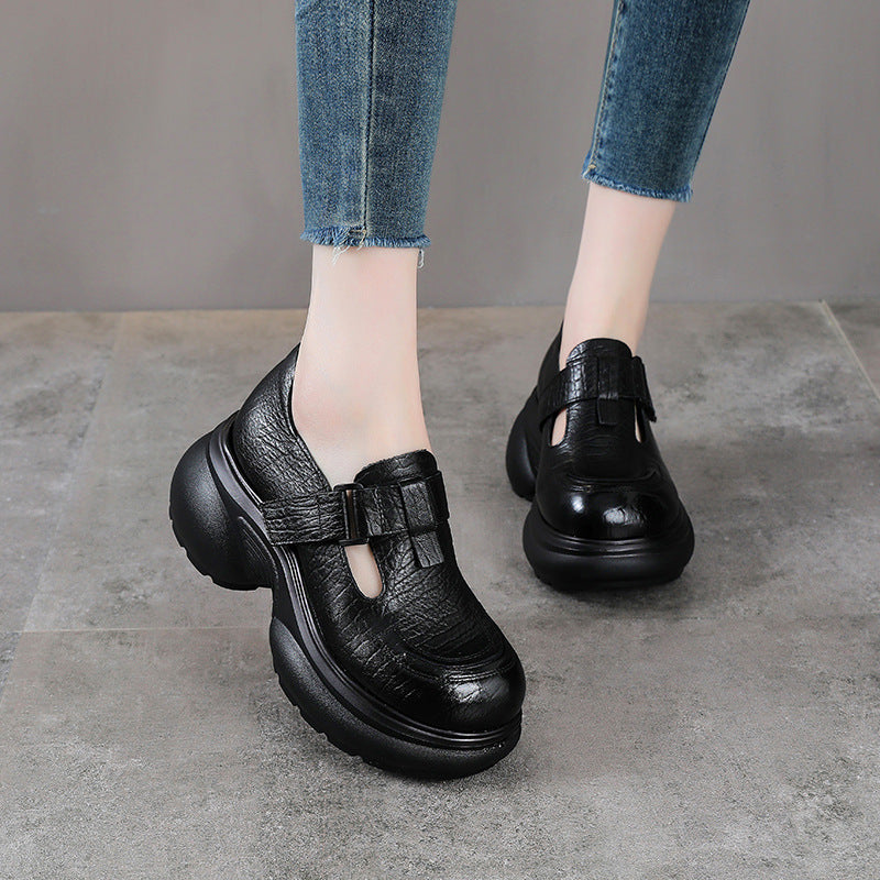 Women's Platform British Style First Layer Cowhide Round Toe Velcro Women's Fashion Shoes