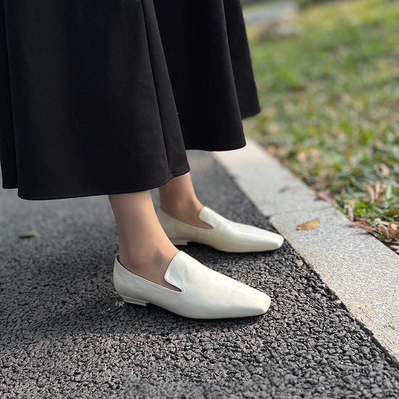 Women's Spring Cowhide Square Toe Flat Authentic Loafers