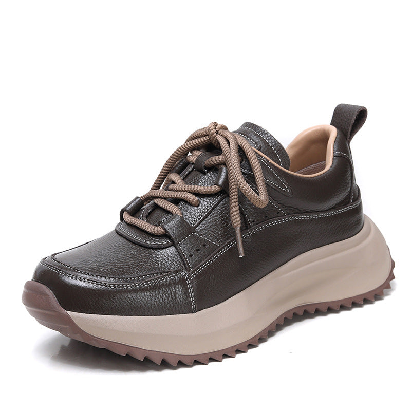 Women's First Layer Cowhide Platform Dad Comfortable Soft Bottom Round Casual Shoes