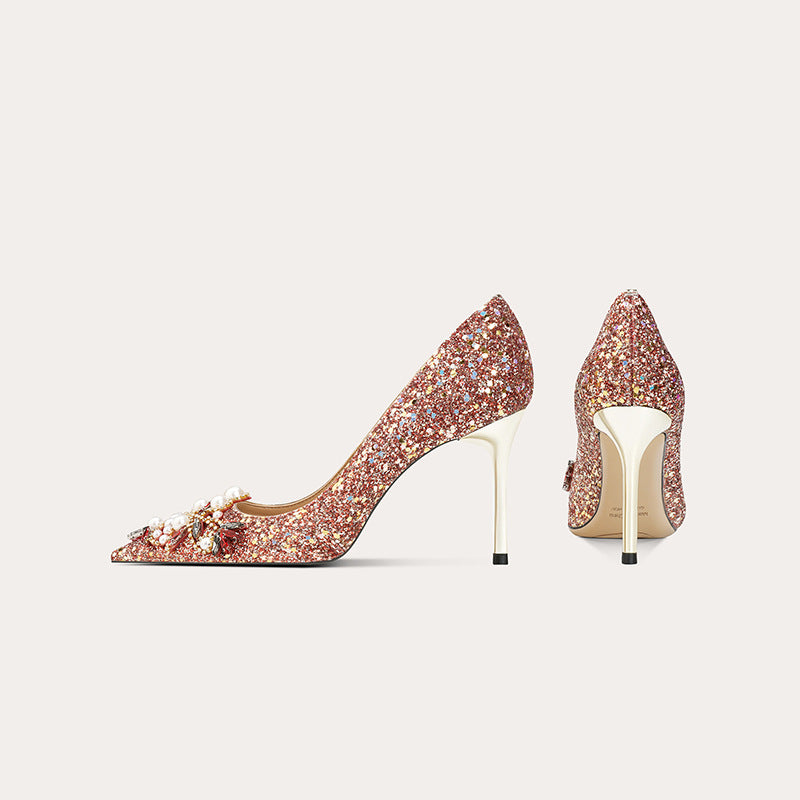 Women's Elegant Spring Sequined Pointed Pearl Sheepskin High Women's Shoes