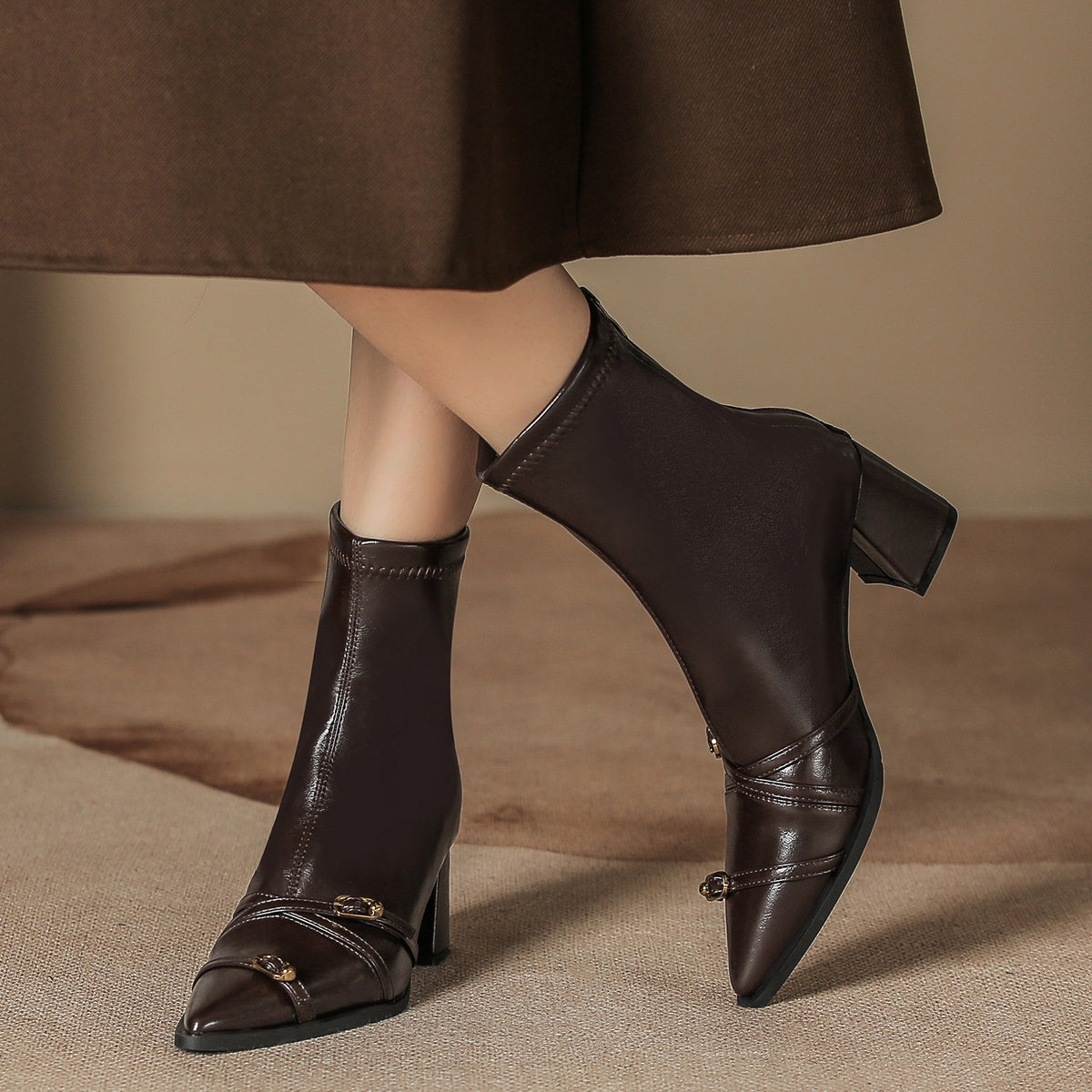 Women's Ankle Retro French Chunky Pointed Toe Back Zipper Women's Leather Boots