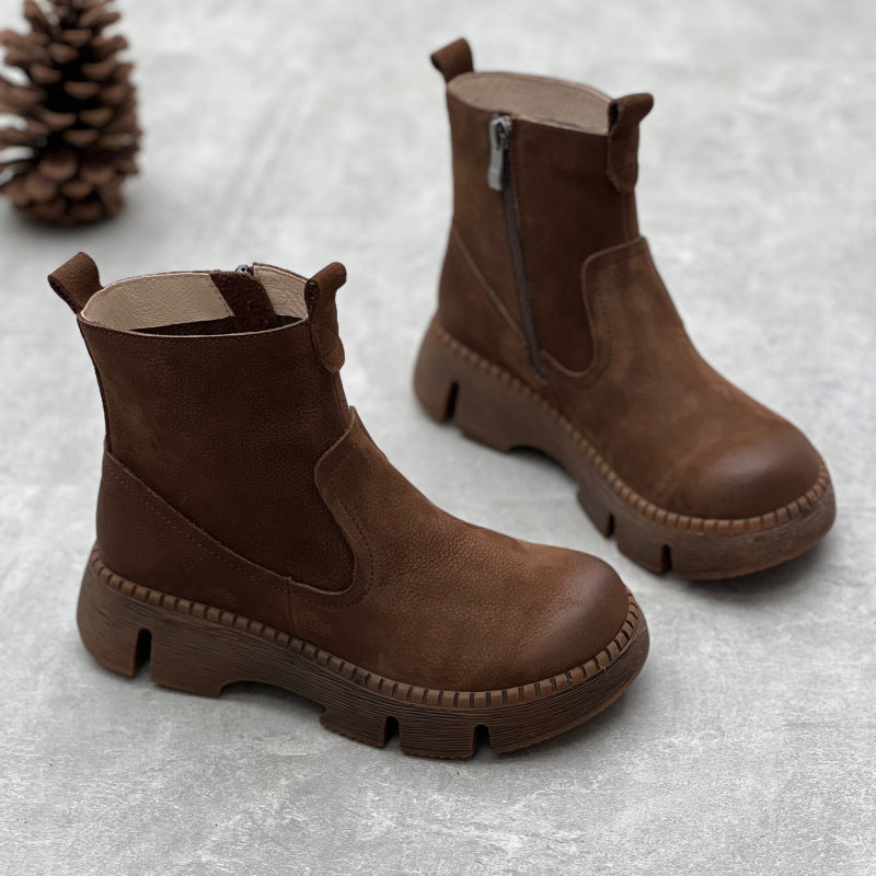 Women's Ankle Retro Ethnic Style Round Toe Muffin Bottom Women's Leather Boots