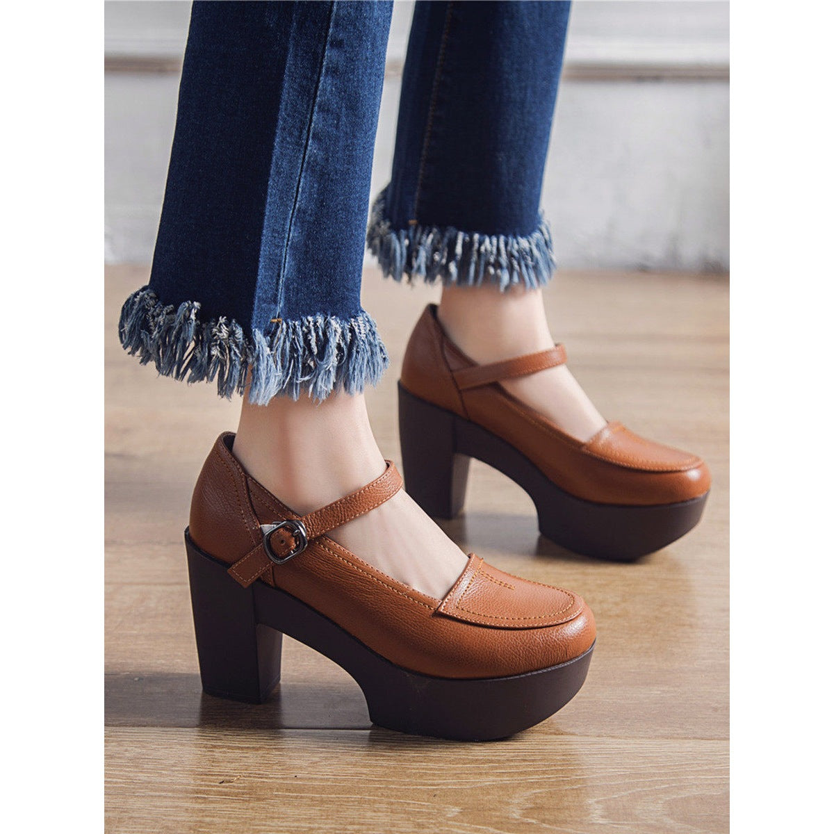 Women's Retro Spring Mary Jane Wedge Platform High Chunky Soft Bottom Women's Fashion Shoes