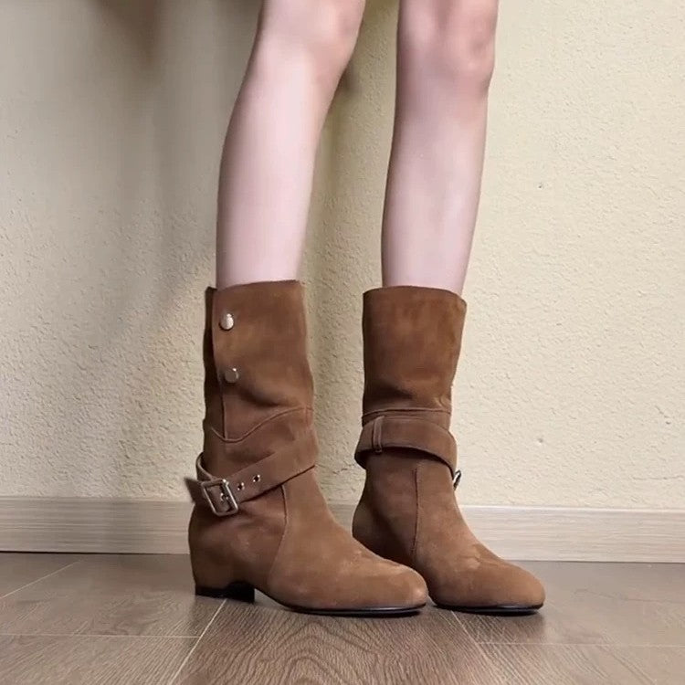Women's Minority Design Sense Height Increasing Insole Knee-high Belt Buckle Two-way Boots
