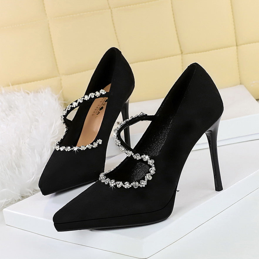Stiletto Low-cut Suede Waterproof Platform Rhinestone Heels