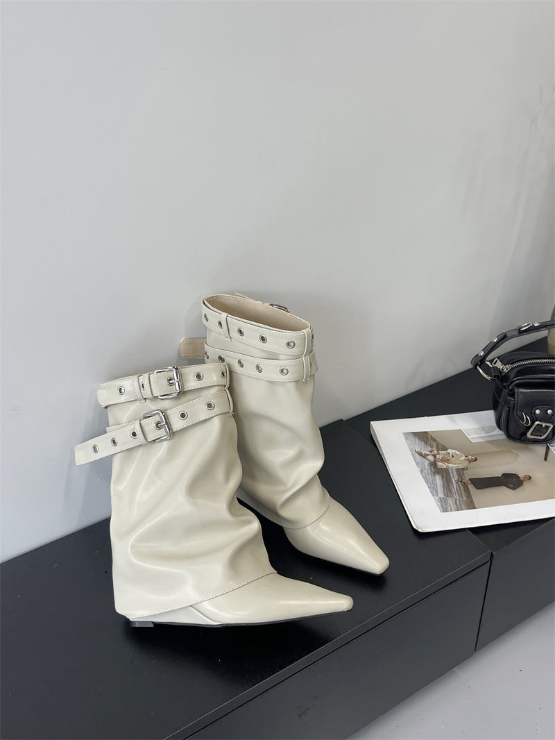 Women's Fashionable Fried Street Sexy Hot White High-heeled Short Belt Buckle Women's Leather Boots