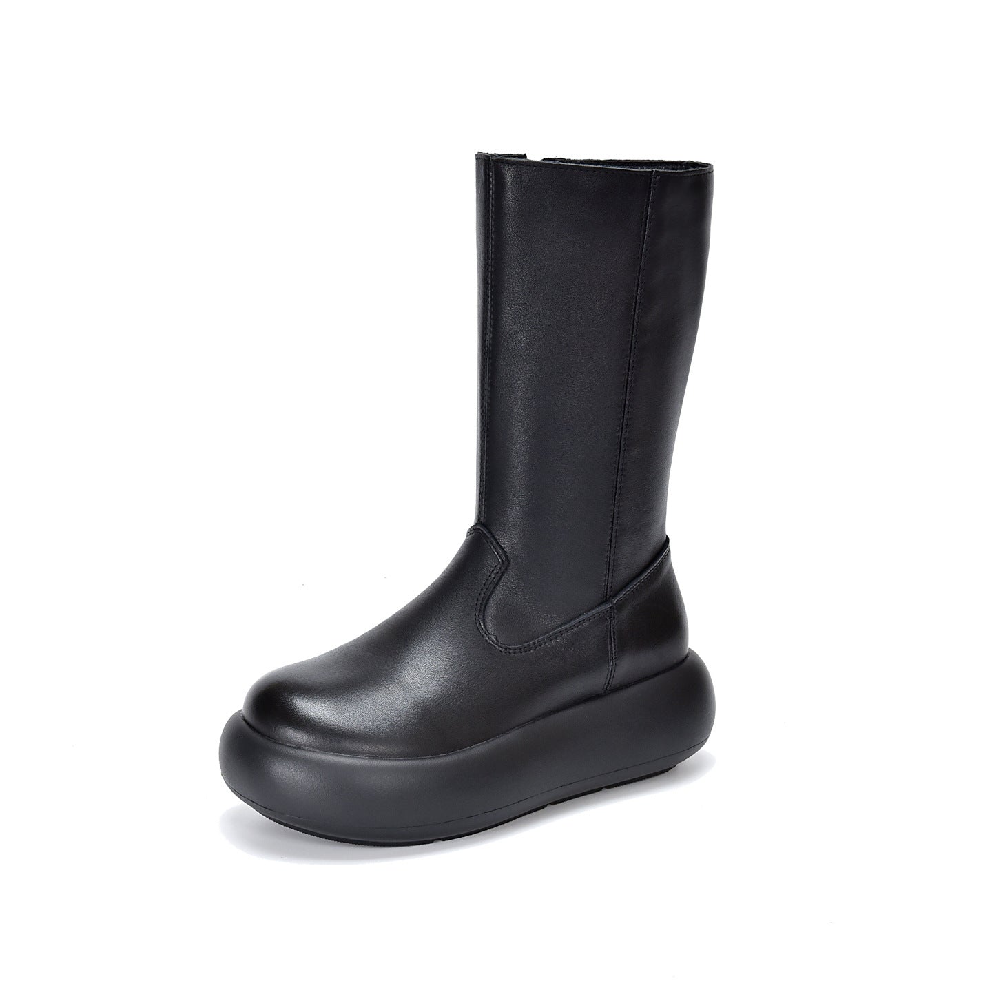 Round Head Thick Bottom Side Zipper Women's Leather Boots