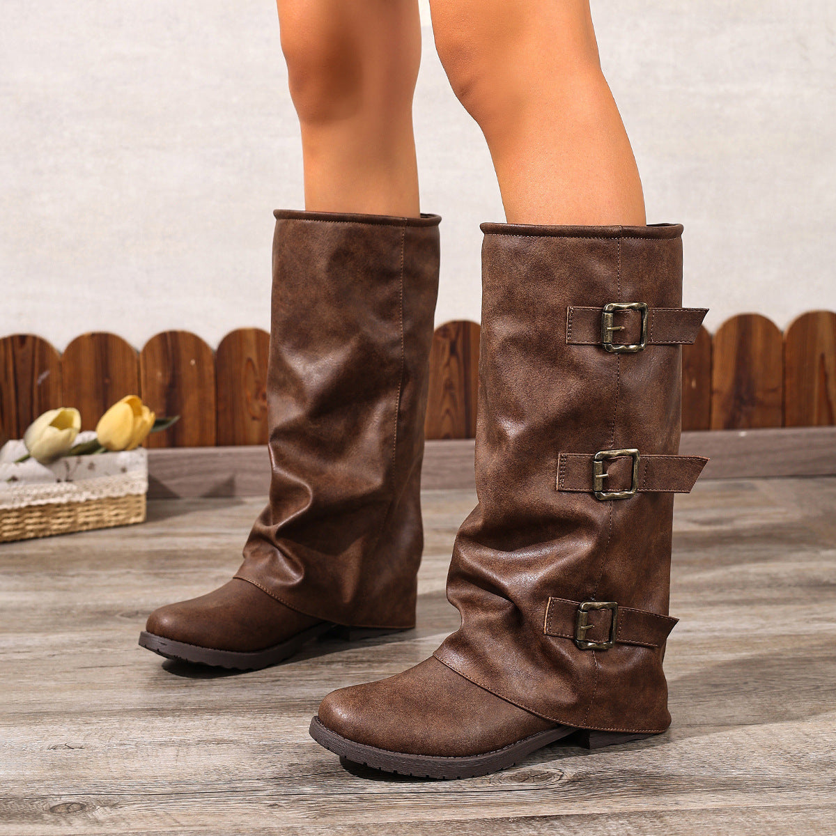 Style Pleated Female Knight Knee-high Brass Women's Leather Boots