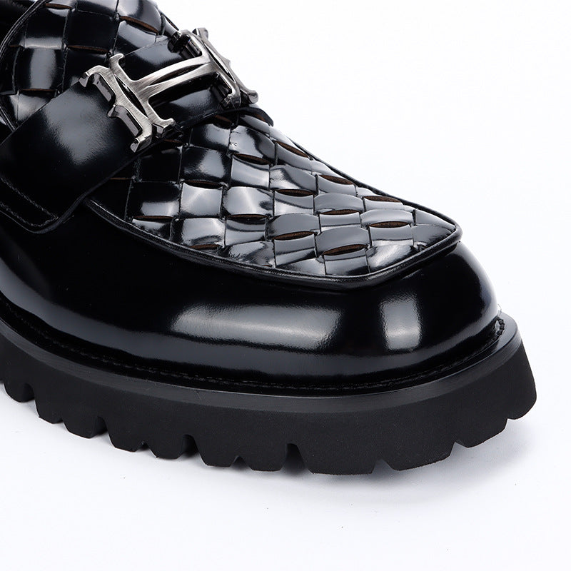 Men's Autumn Black Slit Beads Braided Business Leather Shoes