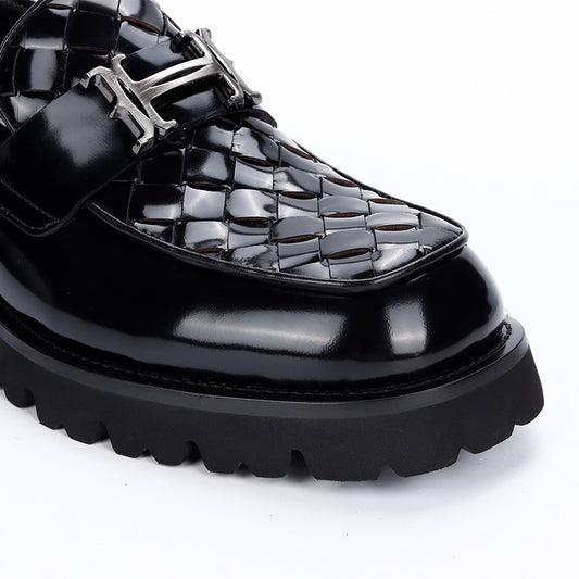 Men's Autumn Black Slit Beads Braided Business Leather Shoes