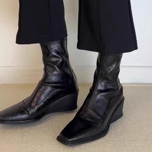 Platform Increased Stretch Thin Female Square Toe Back Zipper Retro Women's Leather Boots