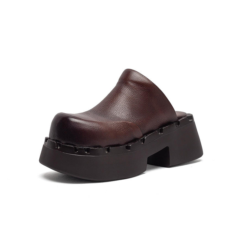 Women's Layer Cowhide Toe Cap Semi Comfortable Platform Slippers