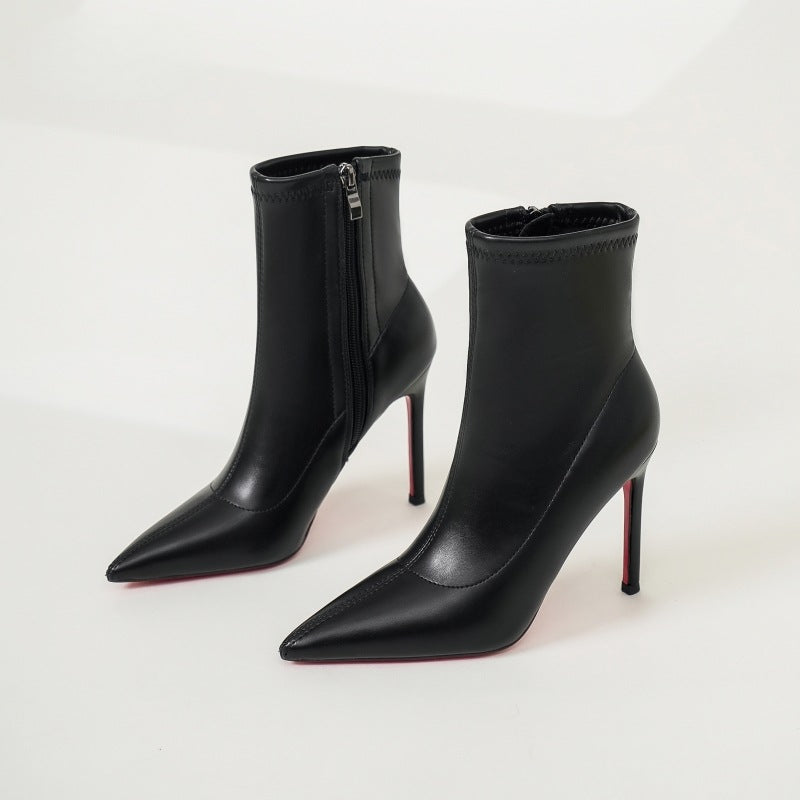 Women's Red Bottom White Ankle Stiletto Fleece-lined Mid Women's Leather Boots