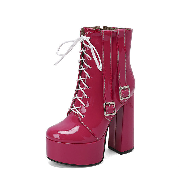 Women's Short Patent Round Head Thick Bottom Super High Front Martin Women's Leather Boots