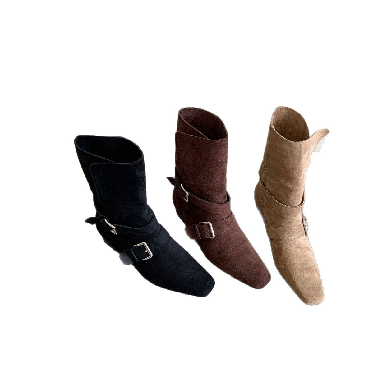 Women's Chunky Vintage Suede Thin Booties Knight French Belt Men's Shoes