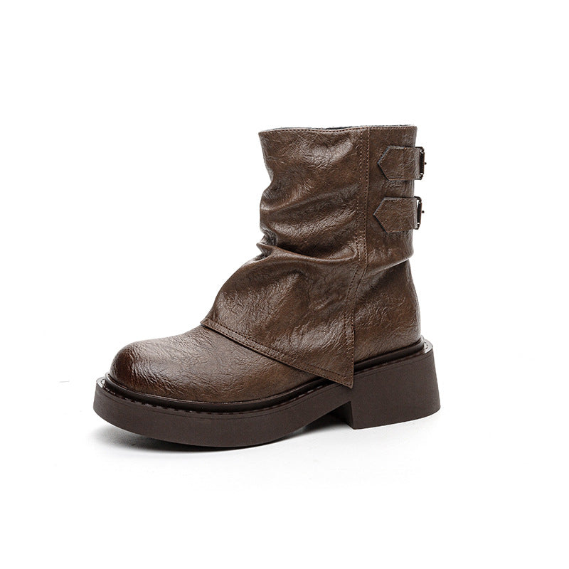 Women's British Style Short Pleated Knight Platform Pants Pile Boots