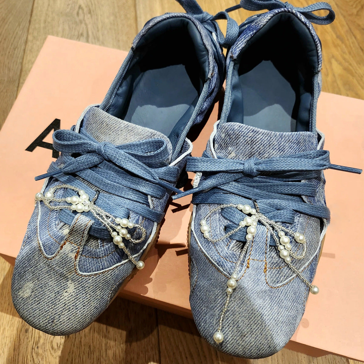 Women's Sheepskin Version Retro Denim Ballet Lace Pleated Women's Casual Shoes