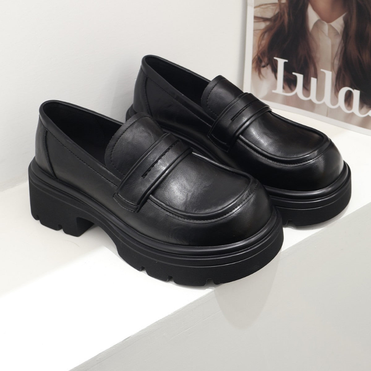 Women's Platform British Style Slip-on Pumps Height Increasing Chunky Small Low Leather Shoes