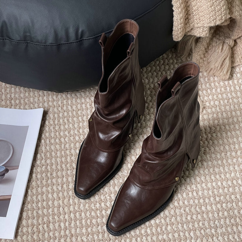 Women's Short Thick Pointed Toe Design Black Women's Leather Boots