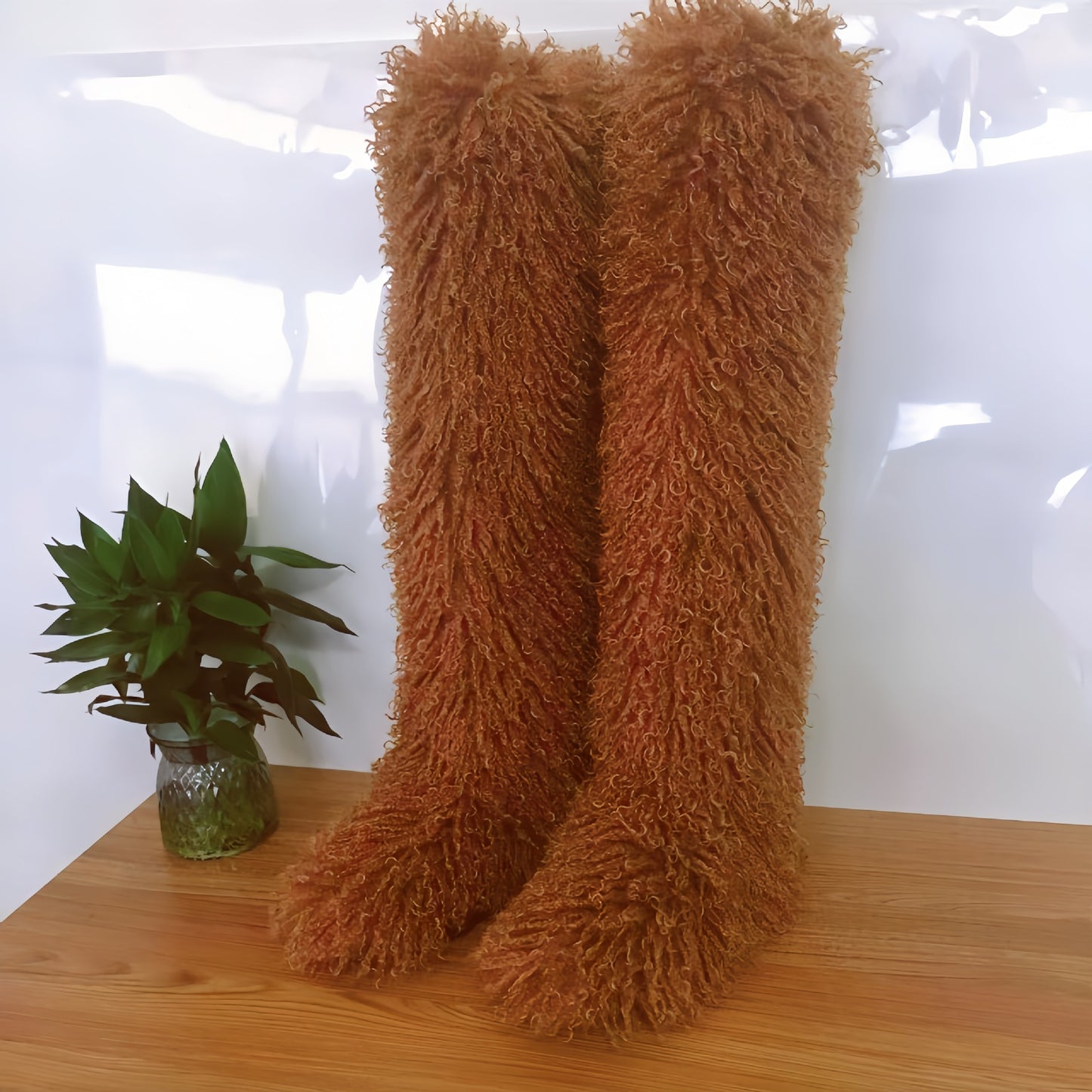 High Imitated Tibet Sheep Fur Thigh Height Over The Snow Boots