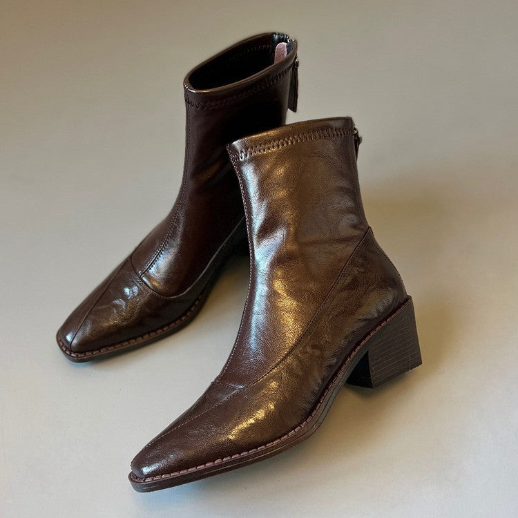Women's Chunky Short Soft Stitching Chelsea Black Women's Leather Boots