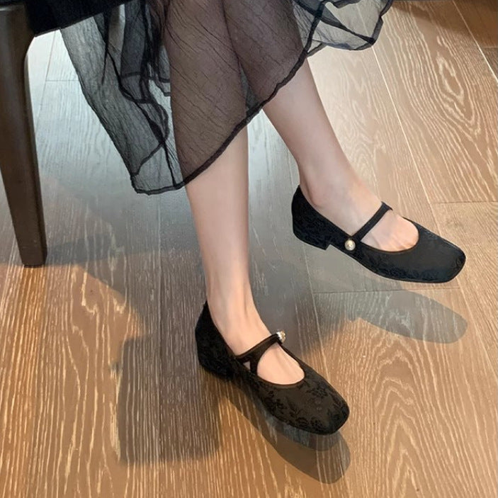 Women's Pearl With Square Head Jacquard Mary Women's Shoes