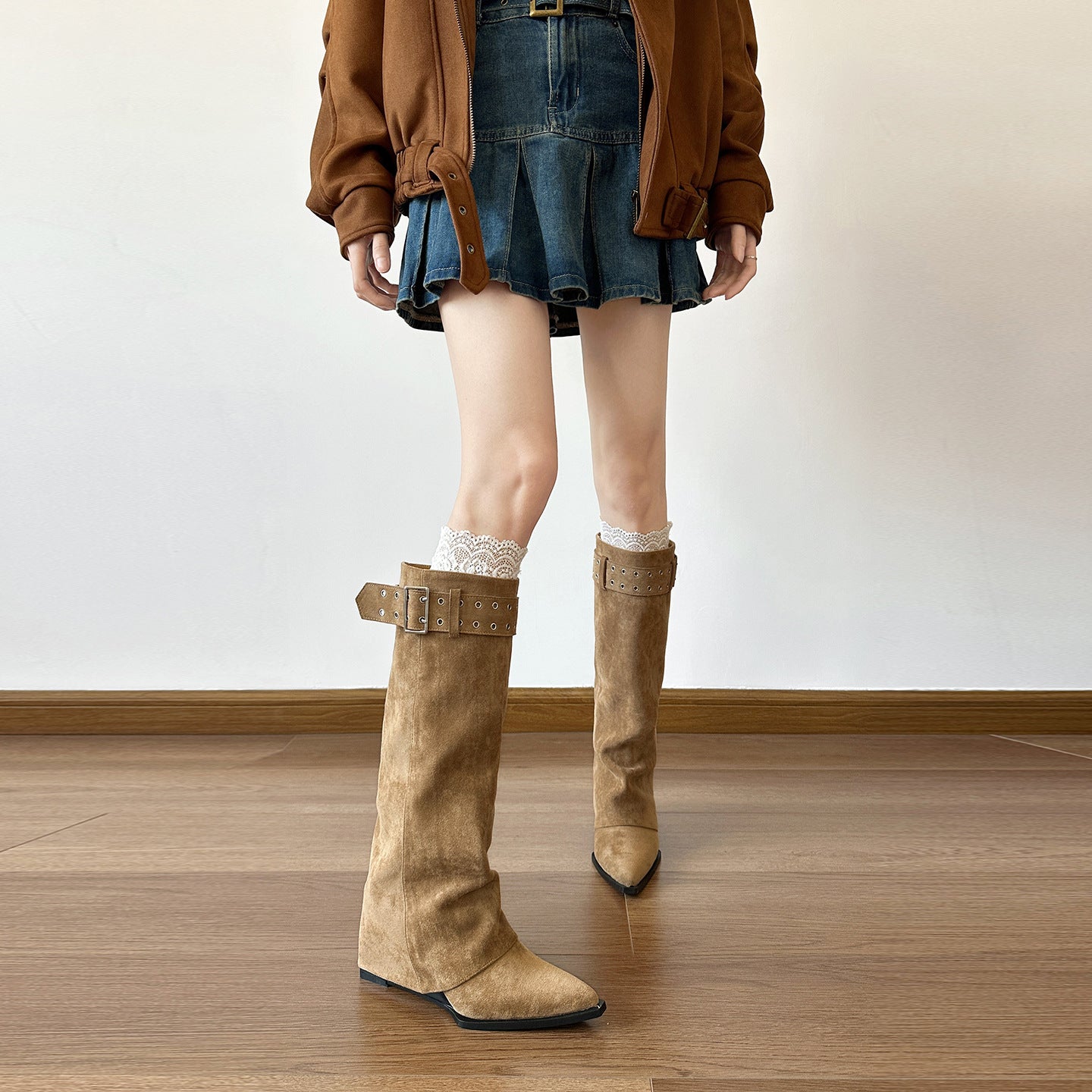 Women's Wedge High Pointed Toe Suede Pile Style Boots