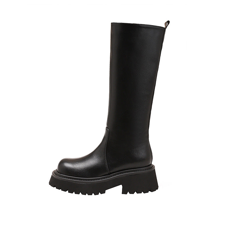 Style Niche Round Head Thick Bottom Female Small Chunky High Women's Leather Boots