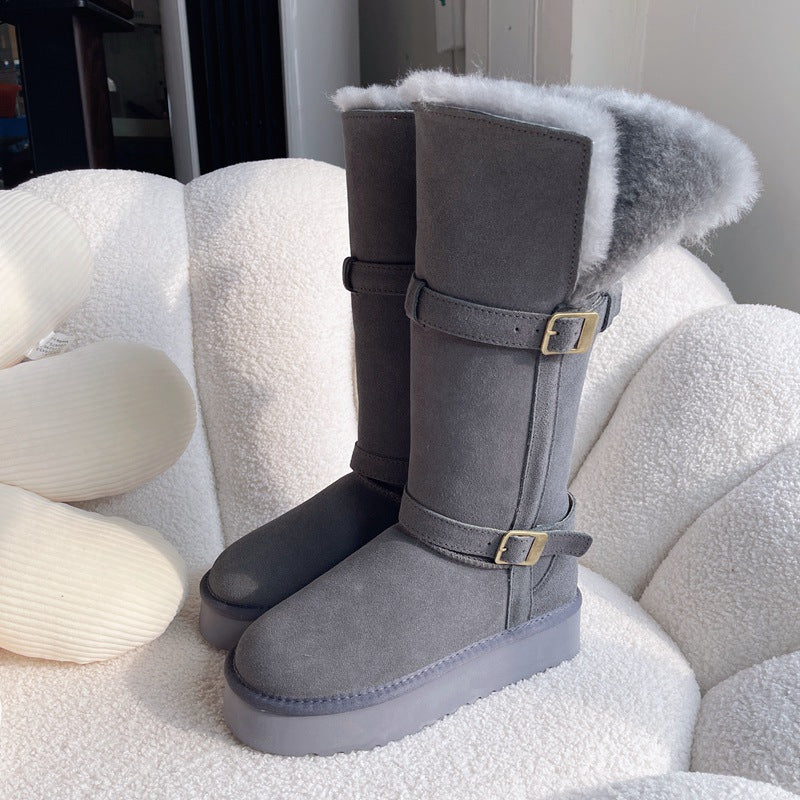 Women's Two-way Real Fur Cowhide Wool Winter Boots