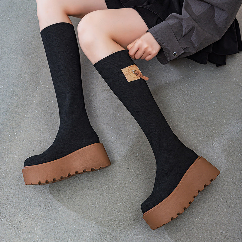 Women's Buckle Fashion Below The Knee Slim Fit High Women's Leather Boots