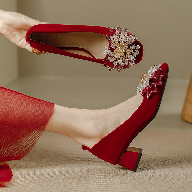 Women's Rhinestone Chunky Red High Square Toe Women's Fashion Shoes