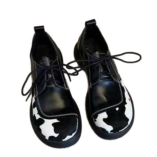 Cow Color Matching Muffin Big Head Pumps Leather Shoes