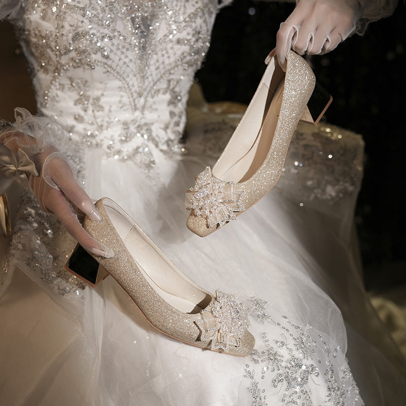 Women's Toe Rhinestone Bow Thin Glittering Main Wedding Dress Chunky Banquet Heels