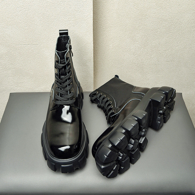 Men's Genuine Motorcycle Platform Increased Pure Cowhide Boots