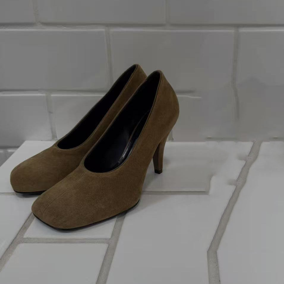 Women's Korean Niche Design Square Toe High Genuine Suede Leather Shoes