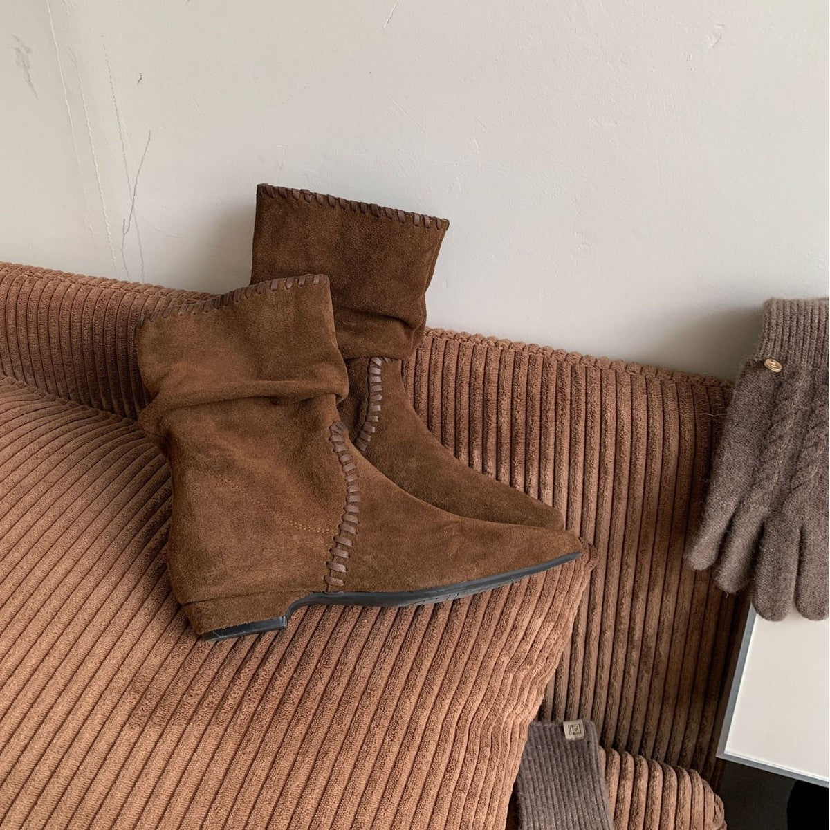 Women's Round Head Genuine Frosted Low-cut Woven Women's Leather Boots