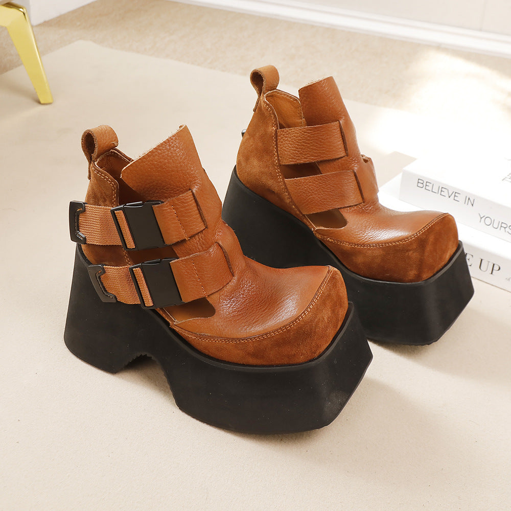 Women's Spring First Layer Cowhide Small Thick Women's Shoes