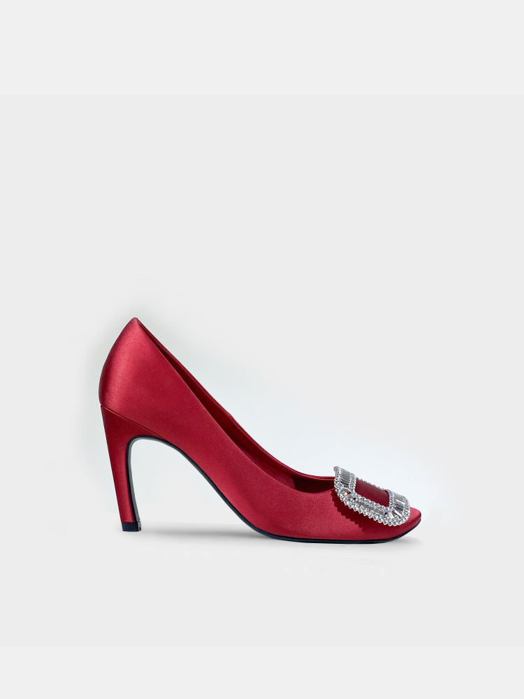 Women's Rhinestone Square Buckle Round Toe Satin Shallow Women's Fashion Shoes