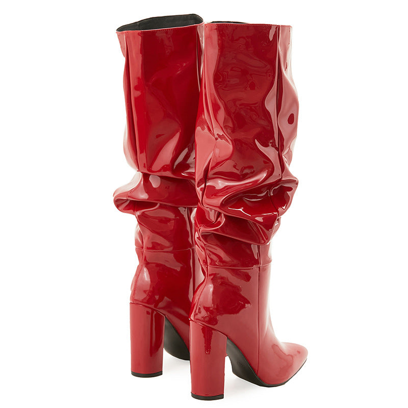Patent Middle Side Zipper Natural Wrinkle Black Round Women's Leather Boots