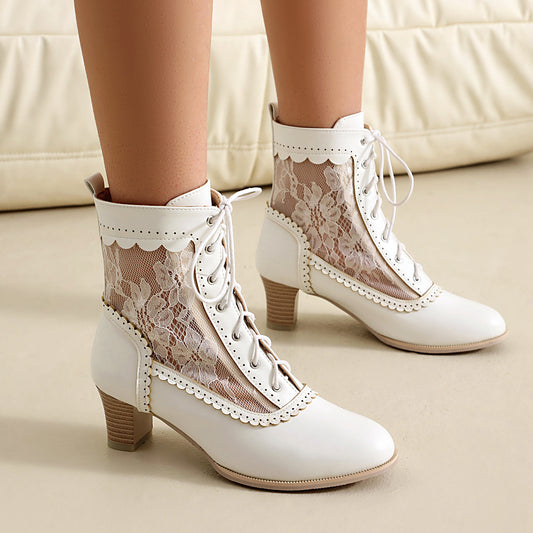 Laze Gauze Short British Style Mesh Round Toe Mid Women's Leather Boots